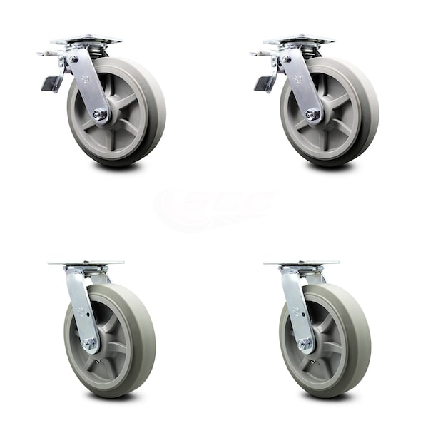 8 Inch Thermoplastic Rubber Caster Set with Ball Bearing 2 Total Lock Brake SCC